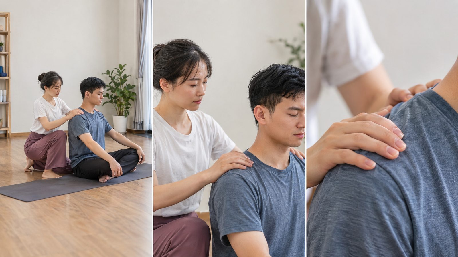 Ba khung cùng một người tập: toàn thấy cả phòng, trung thấy nửa người, cận chỉ còn bàn tay đặt trên đầu gối